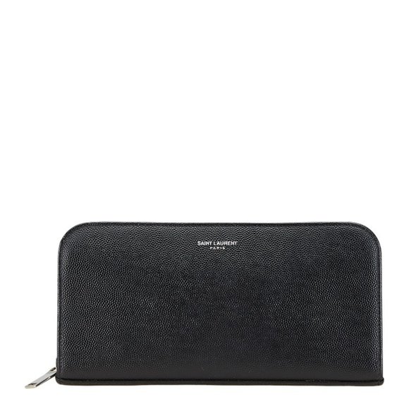 Saint Laurent logo round zipper long wallet in black leather for women. - Picture 1 of 10